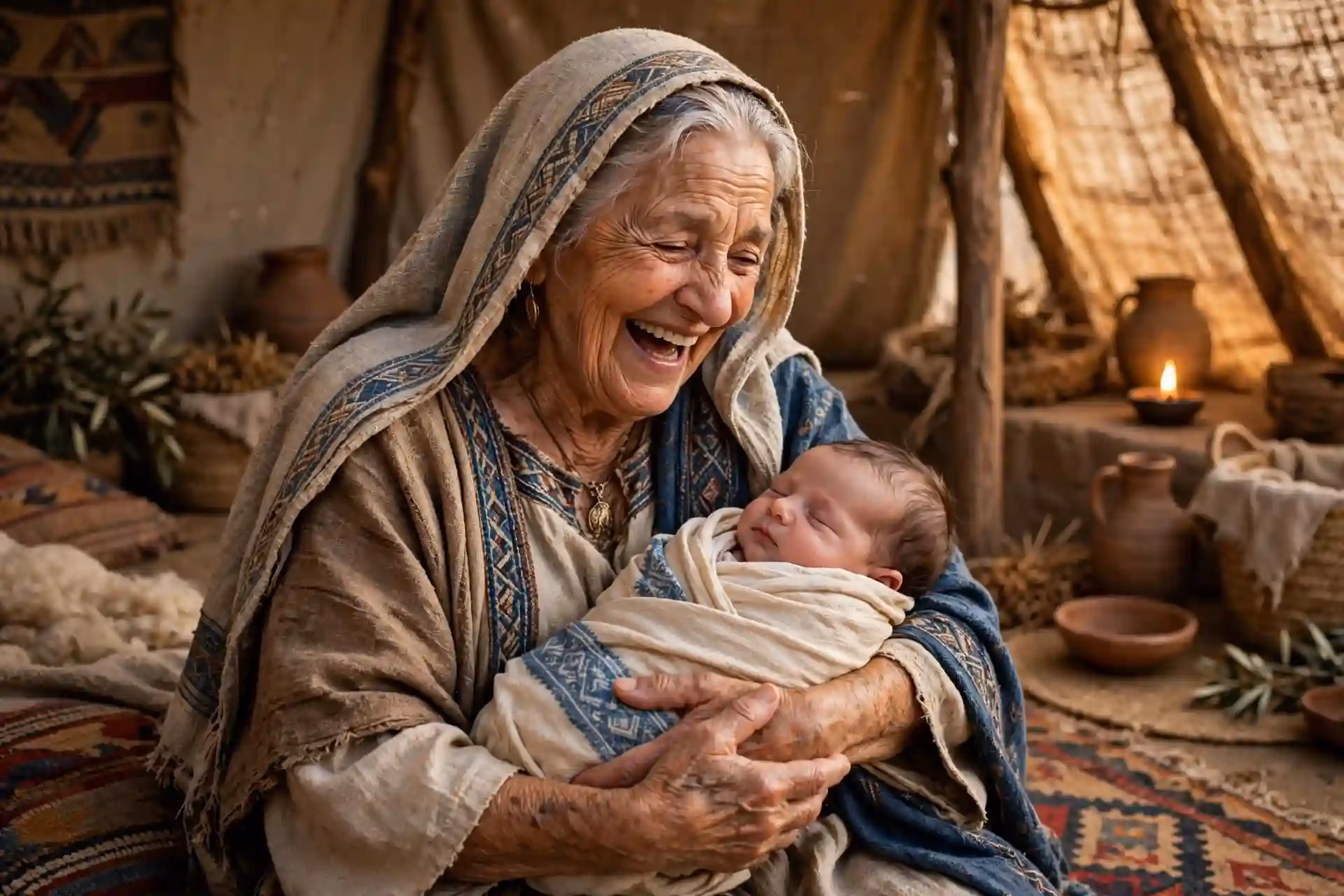Sara riendo de alegría sosteniendo al bebé Isaac en su tienda, Génesis 21:6 Dios me ha hecho reír
