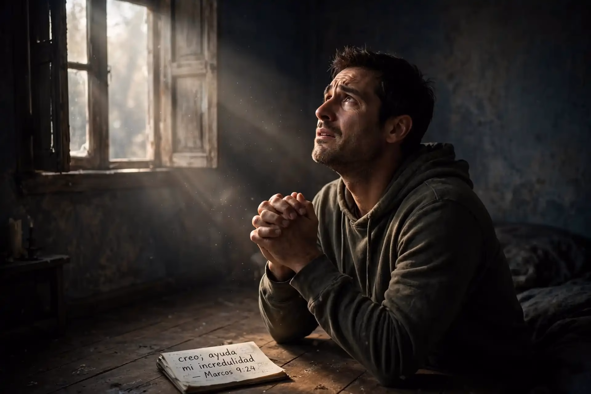 Hombre orando de rodillas en habitación oscura iluminado por luz de ventana, representando la oración honesta en medio de dudas