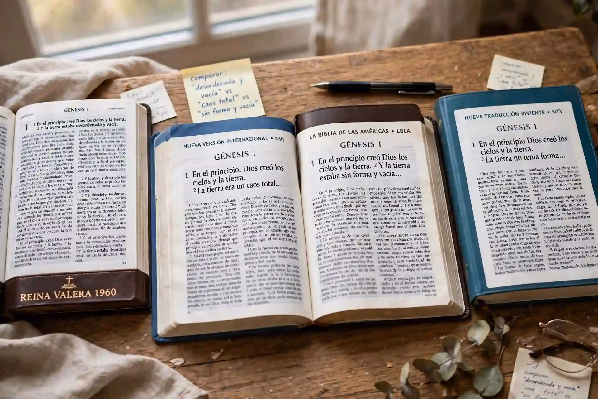 Varias traducciones de la Biblia en español abiertas para comparar, incluyendo Reina-Valera 1960