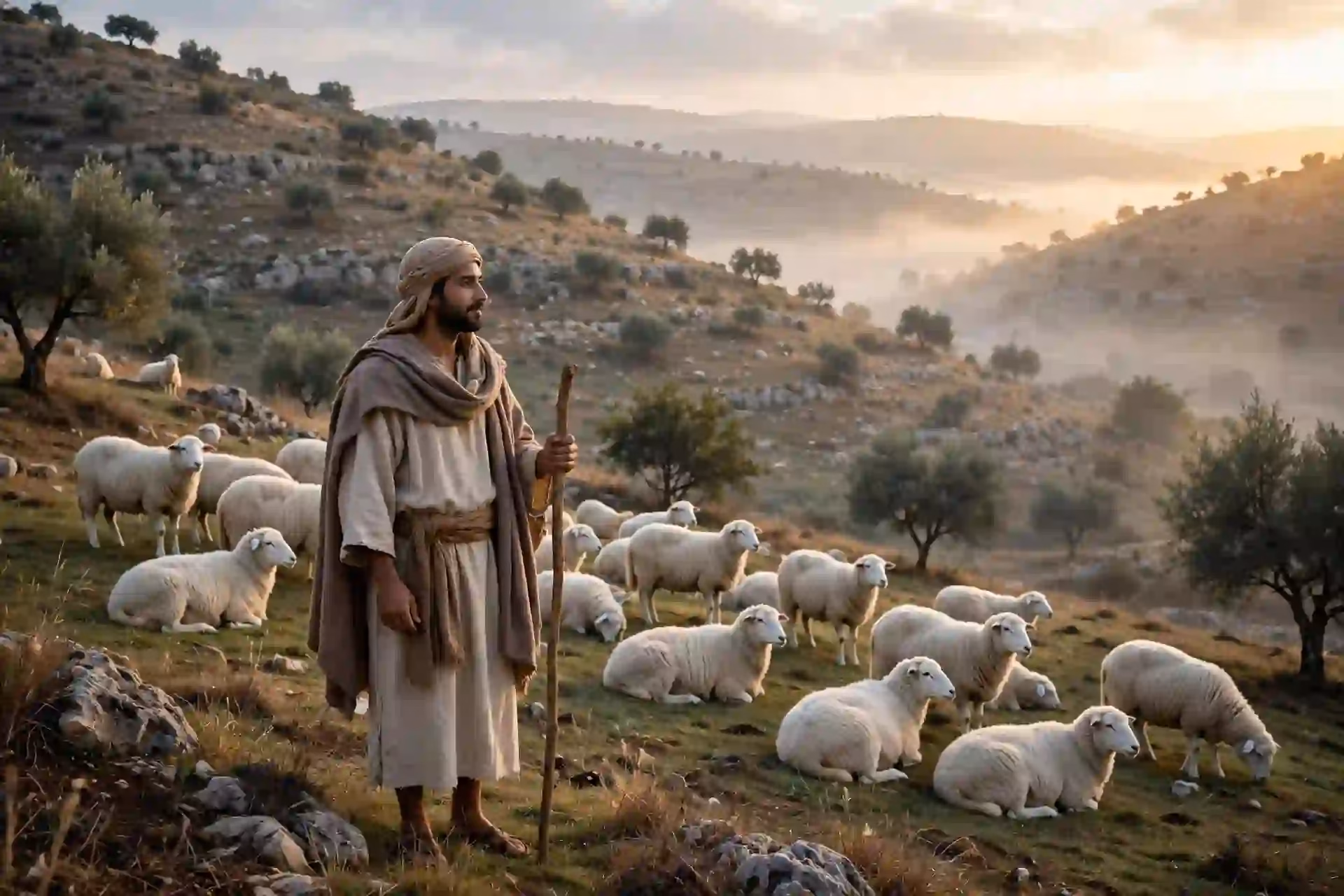 David pastoreando ovejas bajo la frase Jehová es mi pastor