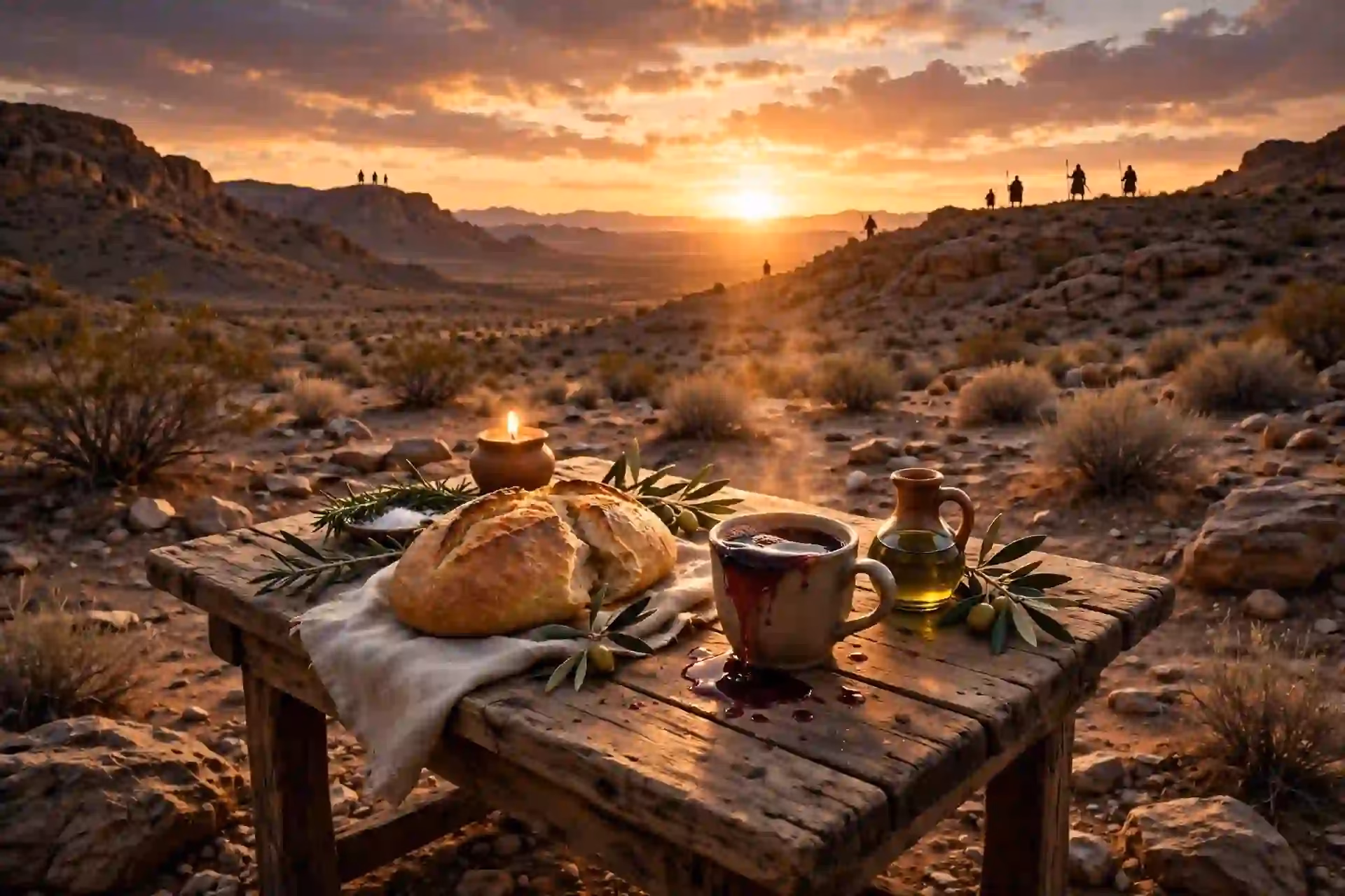 Muestra la mesa aderezada en el desierto frente a los angustiadores, con el pan, la copa rebosante y el aceite.