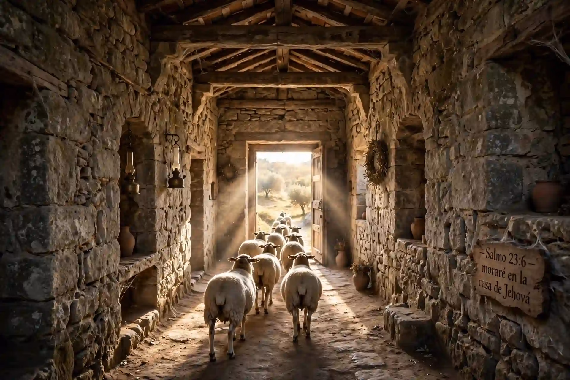 Rebaño de ovejas entrando por puerta iluminada a casa de piedra, moraré en la casa de Jehová por largos días, bien y misericordia