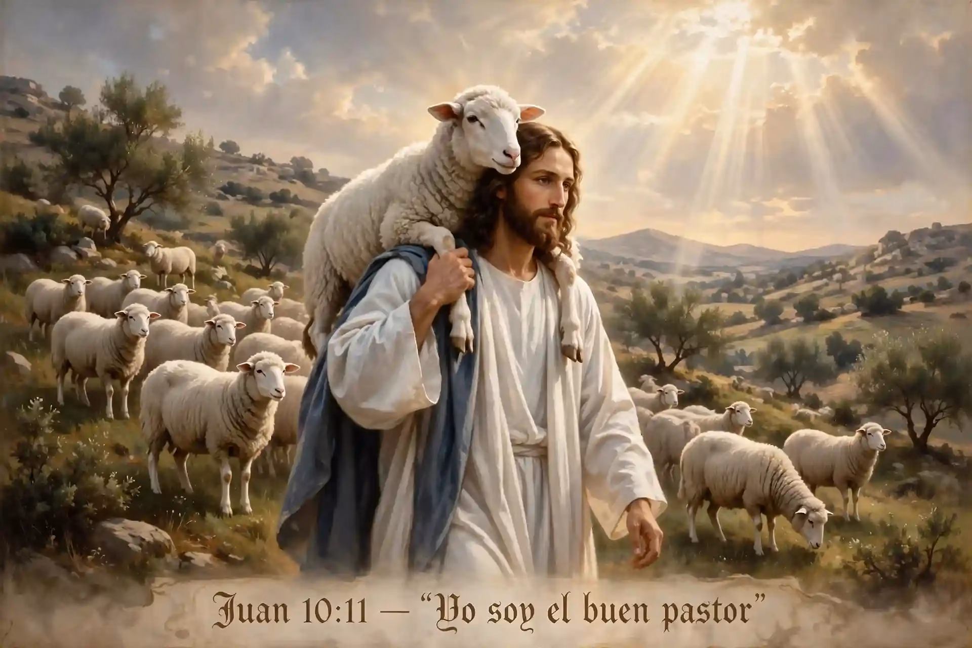 Jesús como el Buen Pastor cargando una oveja según Juan 10:11