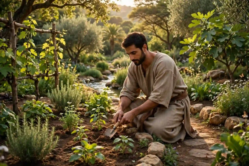 Hombre trabajando en el Jardín del Edén labrando y guardando el huerto, representando el trabajo original como propósito y no castigo