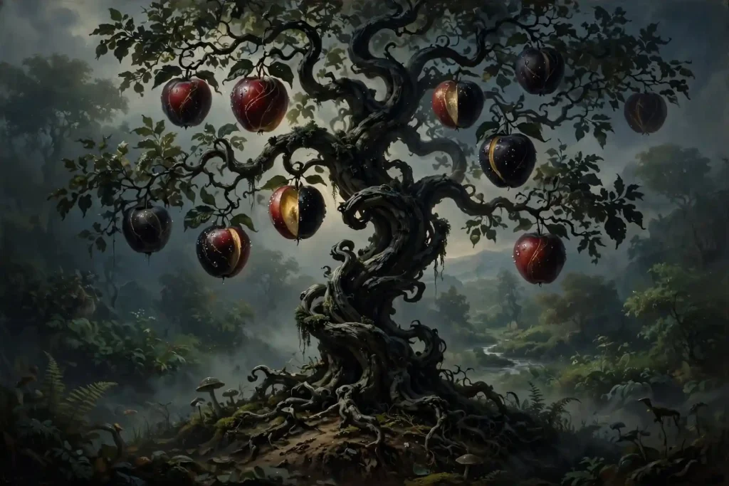 Árbol solitario y misterioso que representa el árbol de la ciencia del bien y del mal en el Edén, separado de los demás árboles