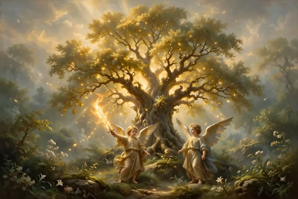 El árbol de la vida en el centro del Edén resplandeciente, relacionado con la posibilidad de vivir para siempre según Génesis 3:22