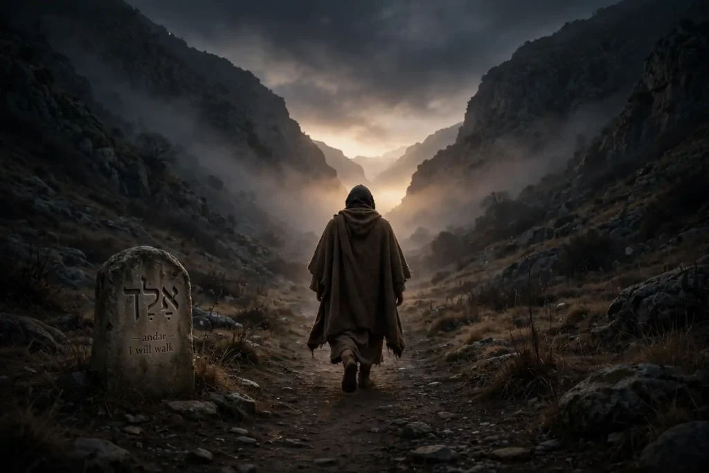 Peregrino caminando de espaldas avanzando por un valle oscuro hacia una luz al amanecer, verbo hebreo elekh que significa andar o caminar