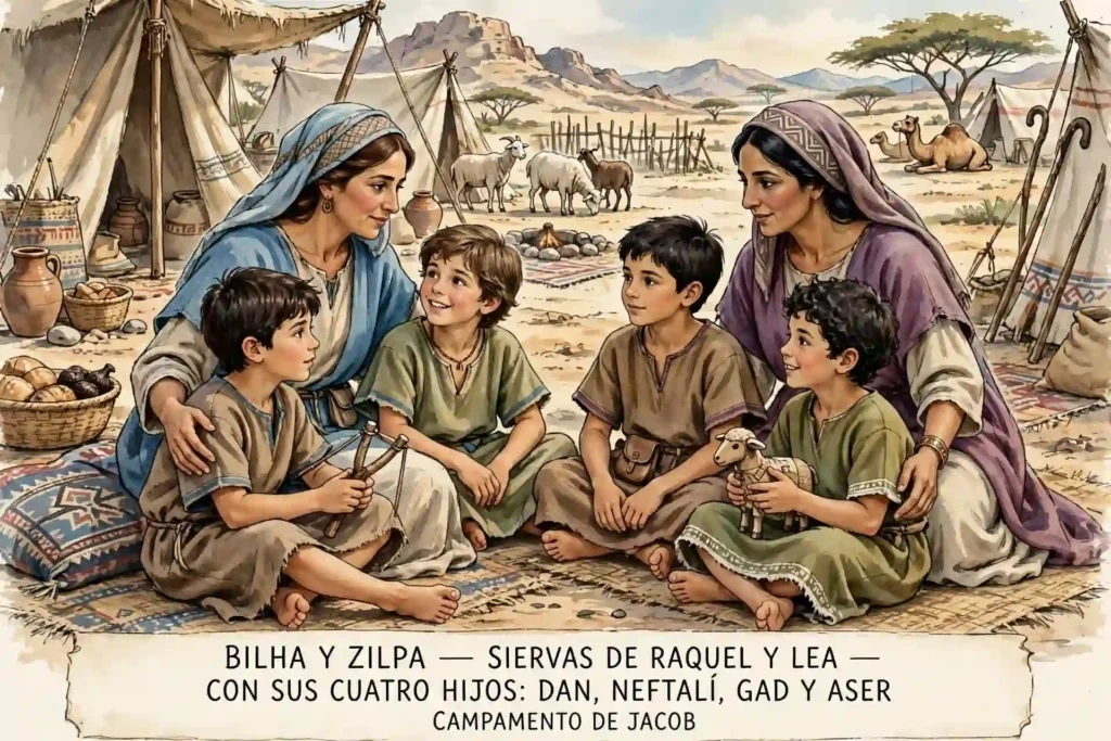 Bilha y Zilpa, siervas de Raquel y Lea, con sus hijos Dan, Neftalí, Gad y Aser en el campamento de Jacob