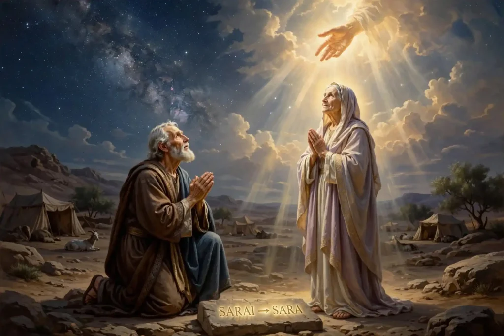 Dios bendiciendo a Sara junto a Abraham bajo una luz celestial en el desierto, marcando el comienzo de su nuevo nombre y promesa