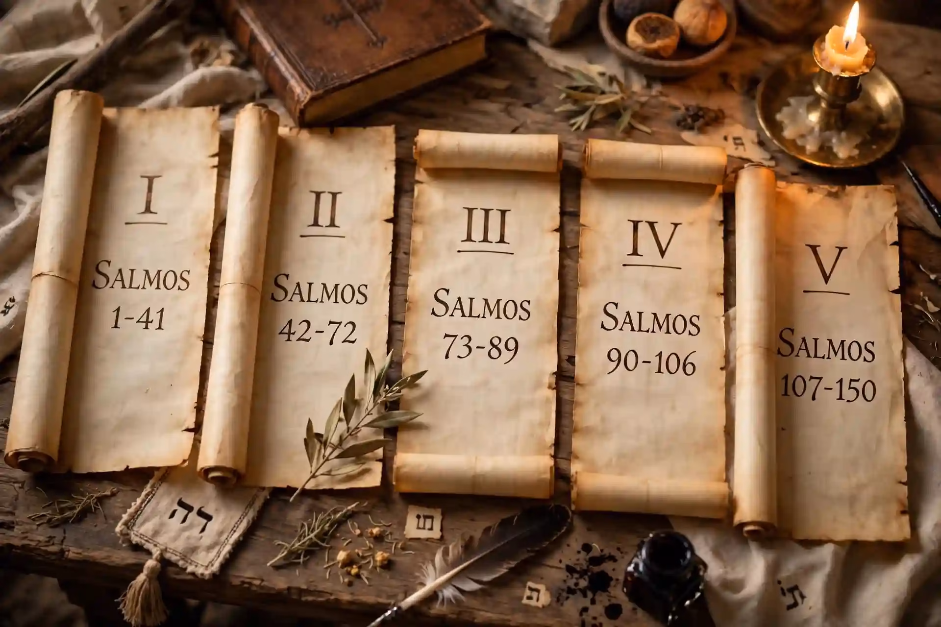 Cinco rollos de pergamino que representan los cinco libros del Salterio Salmos 1-41, 42-72, 73-89, 90-106 y 107-150