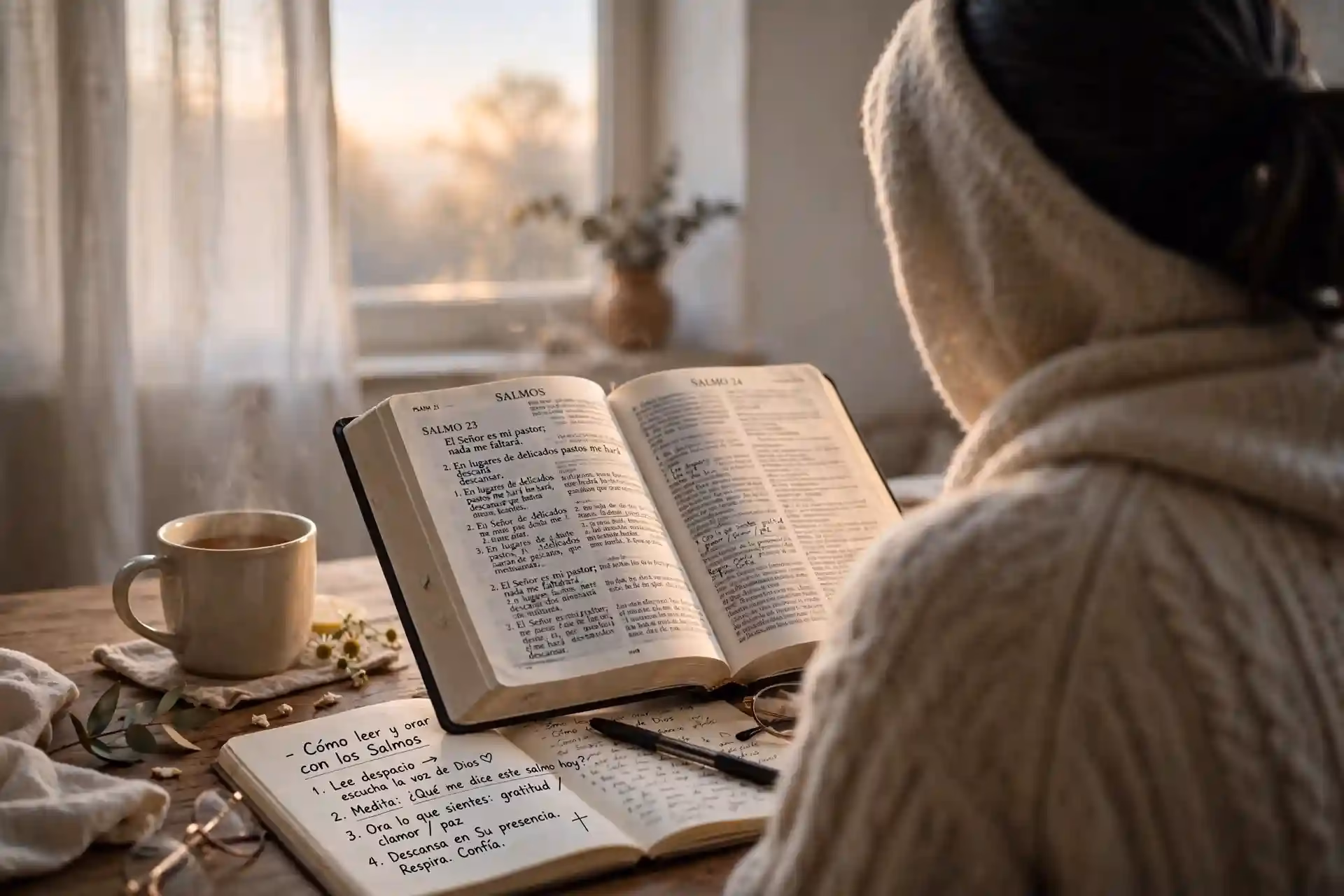 Persona leyendo la Biblia y orando en un momento devocional al amanecer con cuaderno de notas y luz suave