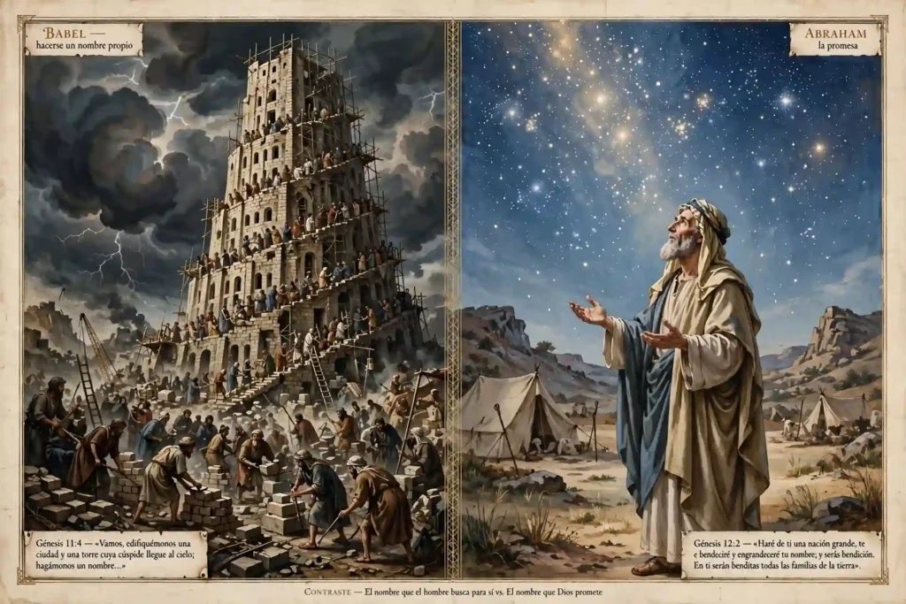 Contraste entre la Torre de Babel donde el hombre quiso hacerse un nombre y Abraham bajo cielo estrellado a quien Dios prometió engrandecer su nombre, Génesis 11:4 y Génesis 12:2