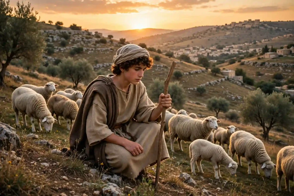 Joven David como pastor de ovejas en las colinas de Belén cuidando su rebaño con vara, antes de ser rey de Israel