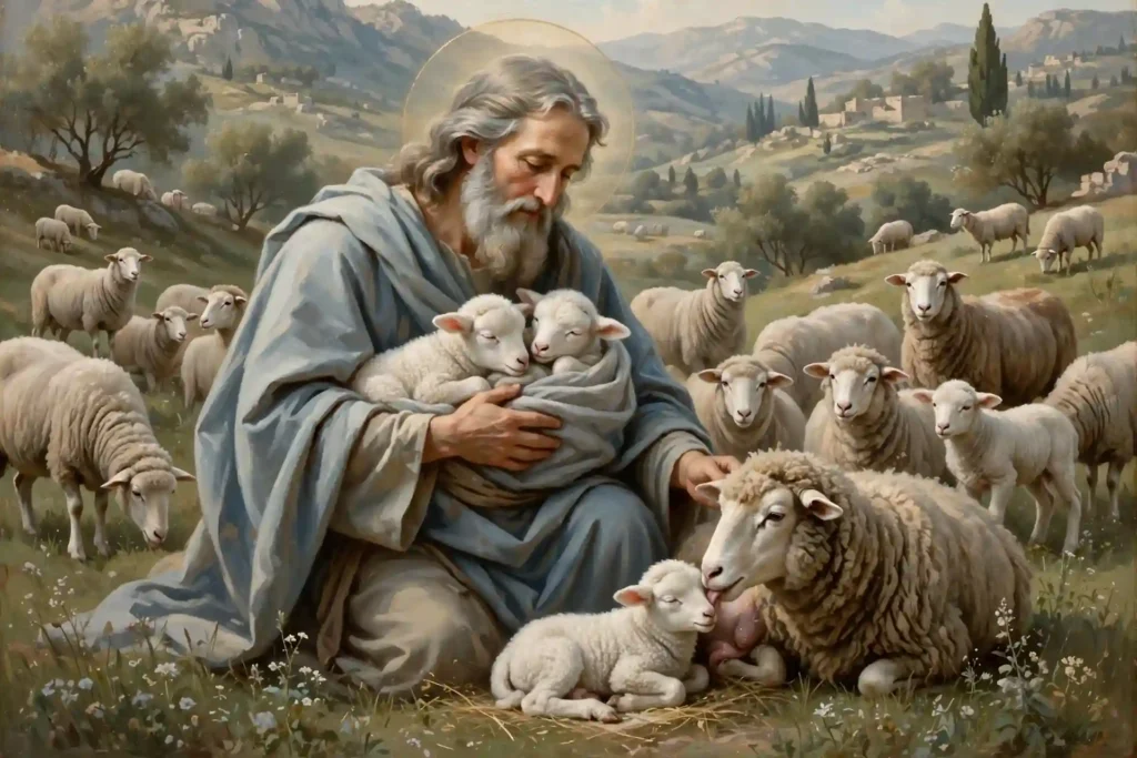 Dios como pastor tierno llevando corderos en su brazo según Isaías 40:11, pastoreando con suavidad a su rebaño
