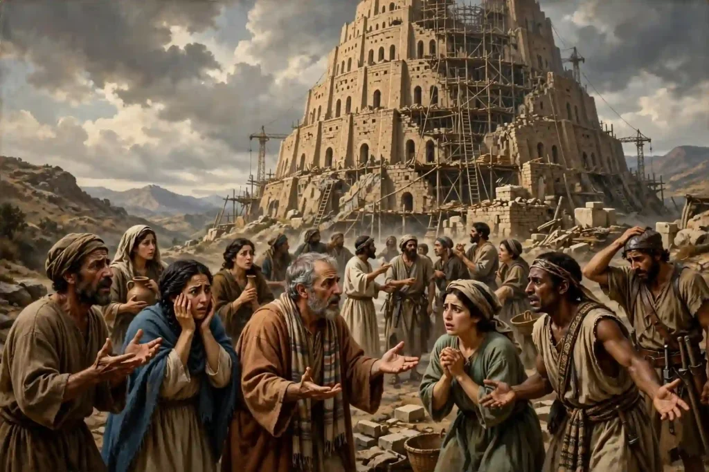 Dios confunde la lengua de los habitantes de Babel, personas sin entenderse interrumpen la construcción de la torre, Génesis 11:7-8