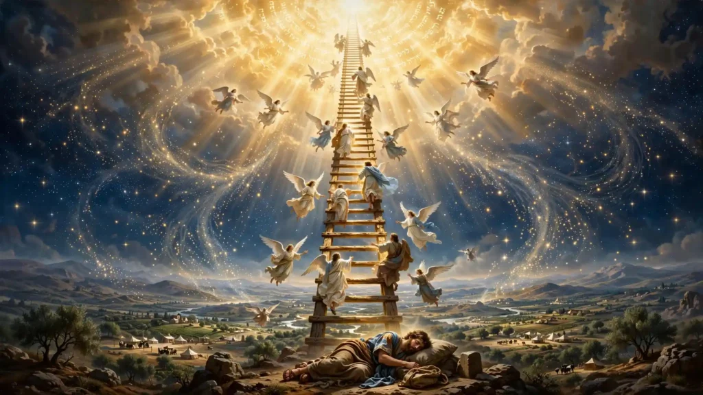 Jacob soñando con la escalera que conecta la tierra con el cielo y ángeles subiendo y descendiendo