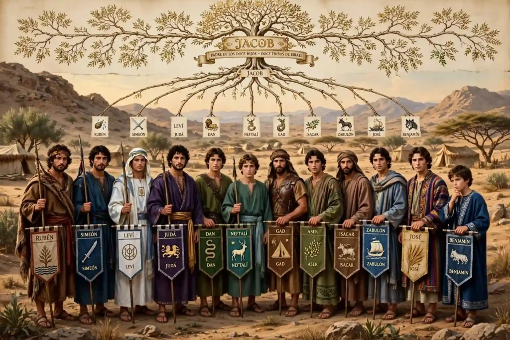 Los doce hijos varones de Jacob alineados con los estandartes de las doce tribus de Israel bajo un árbol genealógico