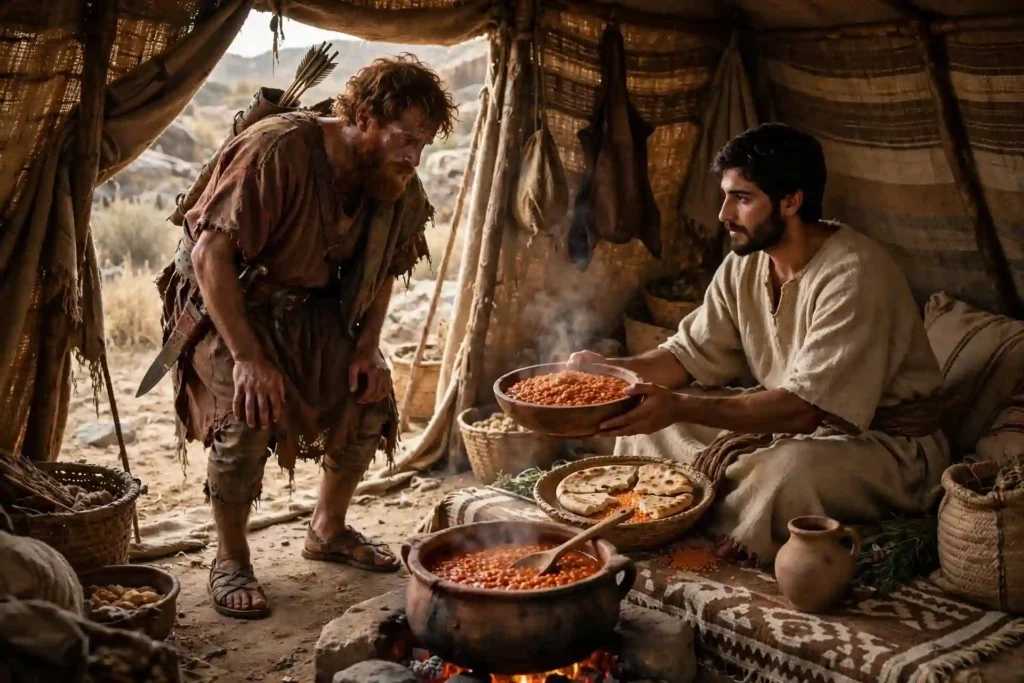 Esaú agotado regresando del campo mientras Jacob le ofrece guisado rojo de lentejas y pan a cambio de la primogenitura, escena de Génesis 25:29-34