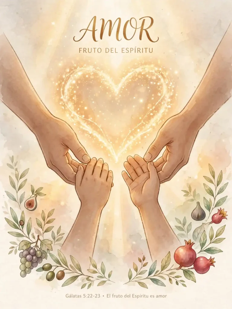Ilustración del amor como fruto del Espíritu, manos que ayudan con compasión y luz en forma de corazón
