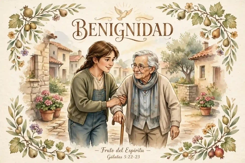 Ilustración de la benignidad, joven ayudando con amabilidad a una persona mayor en la calle