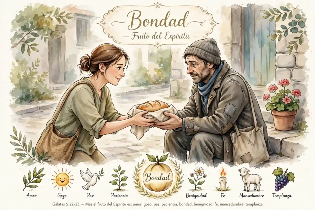 Ilustración de la bondad como fruto del Espíritu, mujer entregando pan a un hombre necesitado con generosidad