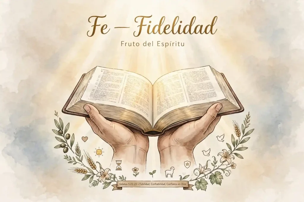 Ilustración de la fe y fidelidad como fruto del Espíritu, manos sosteniendo una Biblia abierta con luz constante
