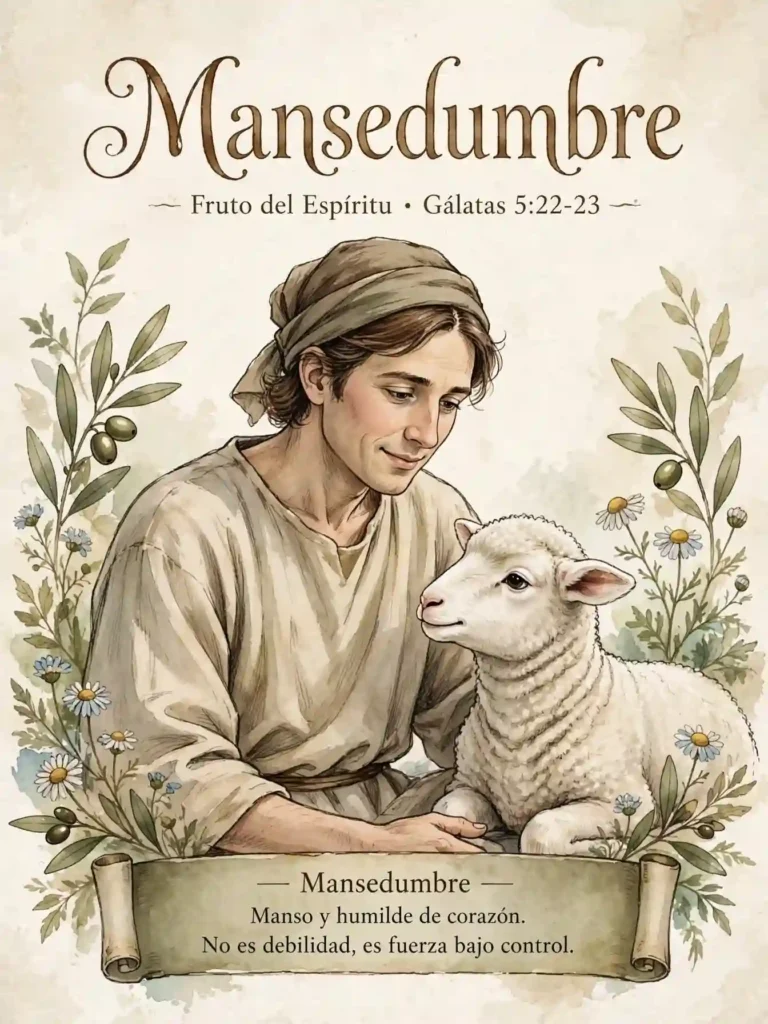 Ilustración de la mansedumbre como fruto del Espíritu, persona de expresión humilde junto a un cordero blanco
