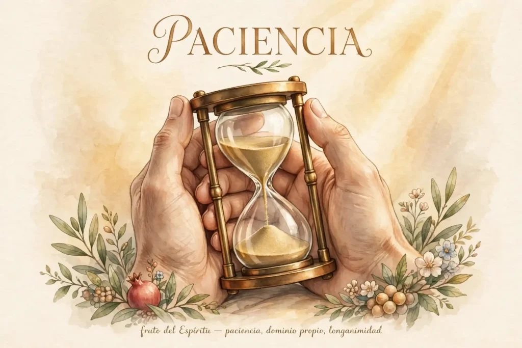 Ilustración de la paciencia como fruto del Espíritu, manos sosteniendo un reloj de arena con calma y serenidad