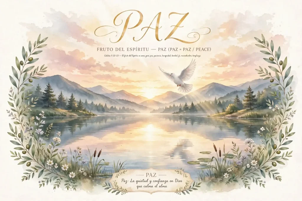 Ilustración de la paz del Espíritu, lago tranquilo al amanecer con una paloma blanca volando sobre el agua