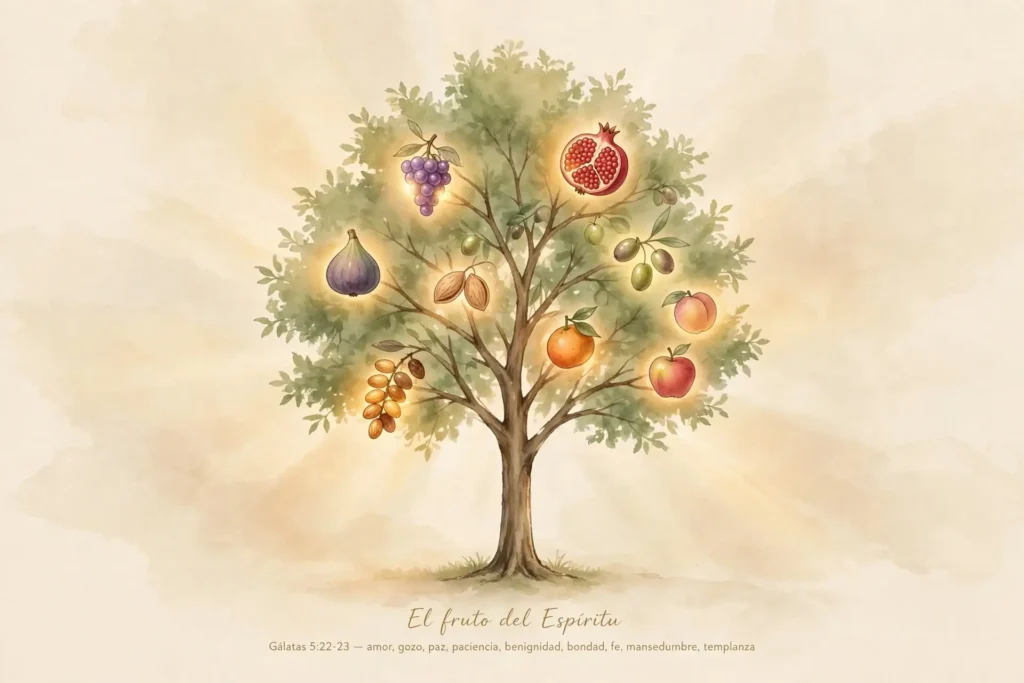Árbol con nueve frutos iluminados que representa el fruto del Espíritu según Gálatas 5:22-23