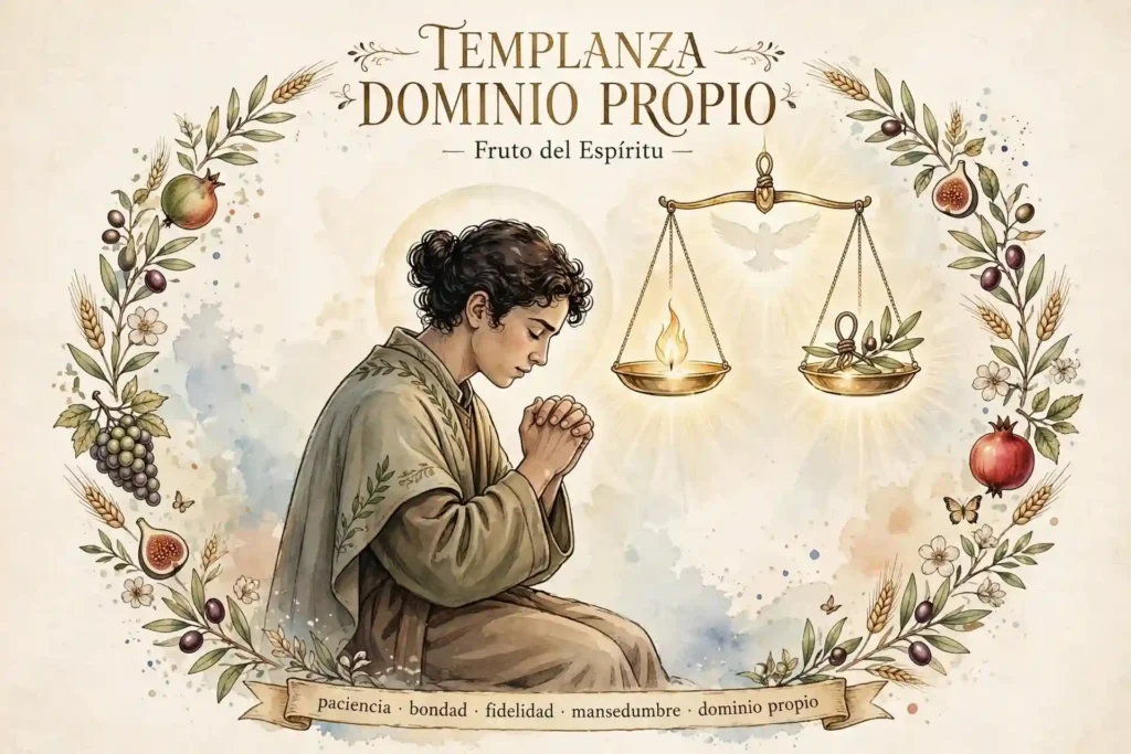 Ilustración de la templanza o dominio propio, persona orando con equilibrio y control sobre sus emociones