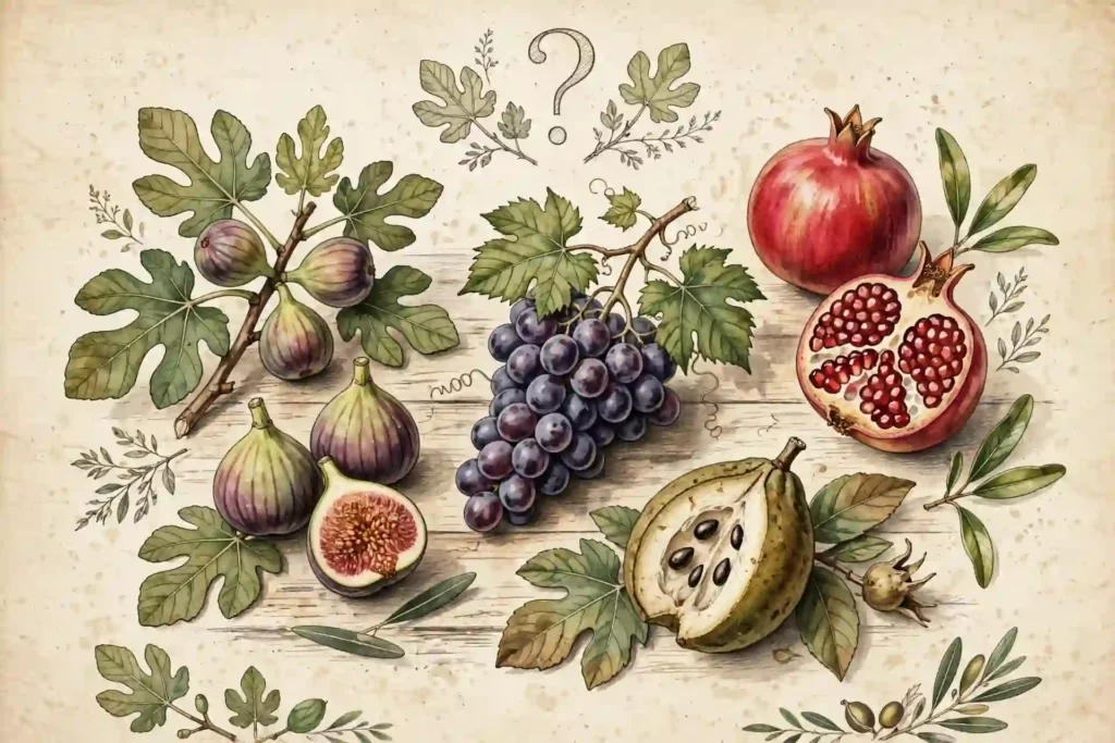Ilustración de estudio bíblico con higos, uvas y granadas sobre mesa de madera con signo de interrogación, mostrando que la Biblia solo dice fruto y no identifica la especie