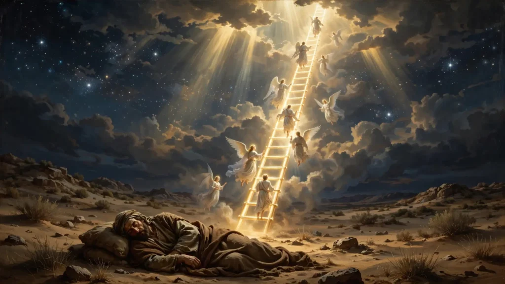 Dios desde lo alto de la escalera confirmando a Jacob las promesas de tierra y descendencia