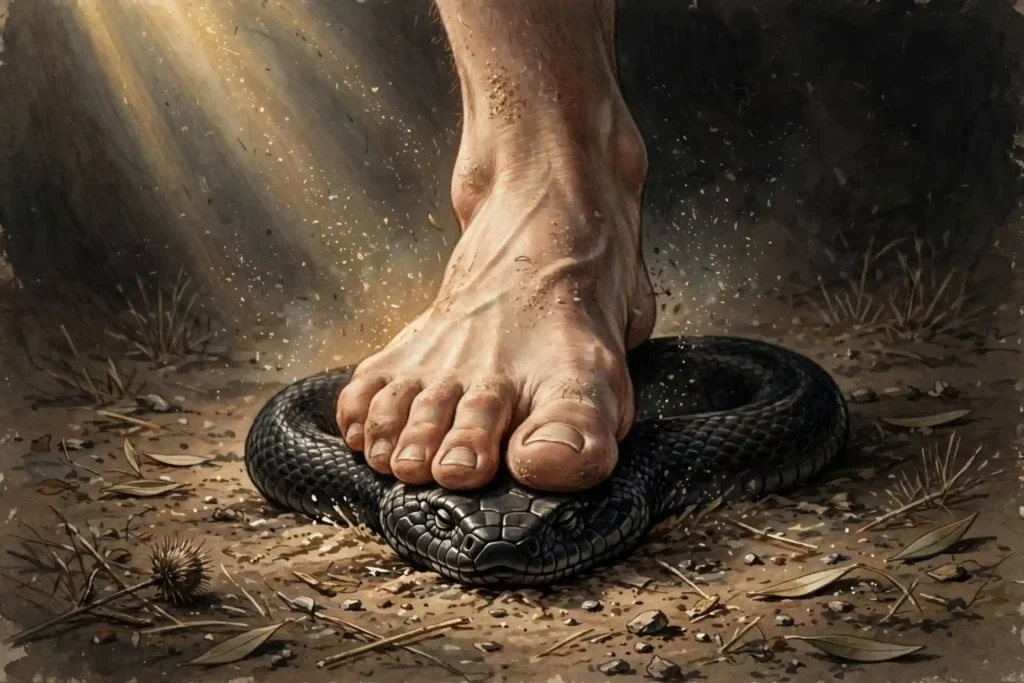 Pie humano sobre la cabeza de una serpiente, representación simbólica de la herida anunciada en Génesis 3:15