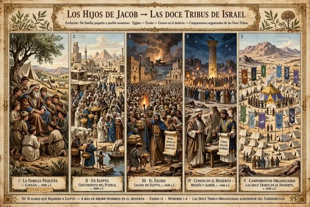 Línea de tiempo ilustrada de la evolución de los hijos de Jacob de una pequeña familia en Canaán a las doce tribus organizadas en el desierto