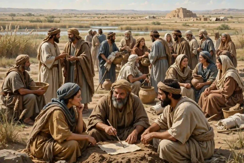 Humanidad unida compartiendo una sola lengua en la tierra de Sinar antes de la construcción de Babel, Génesis 11:1