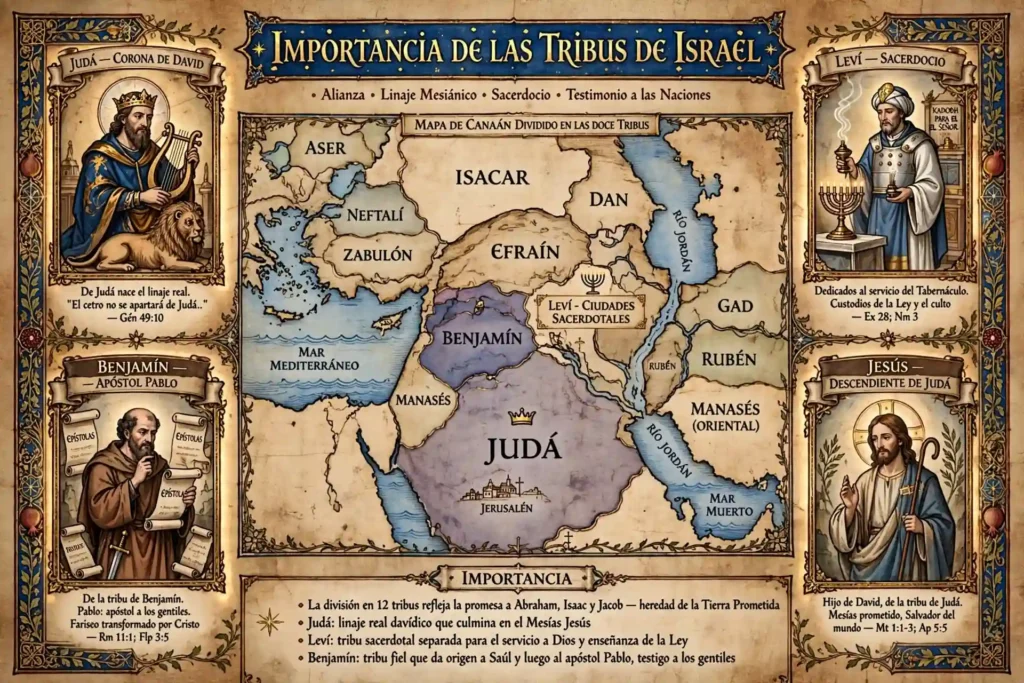 Importancia de las tribus de Israel con la tribu de Judá y la línea de David, Leví con el sacerdocio y Benjamín con el apóstol Pablo sobre el mapa de Canaán