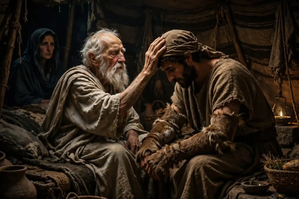 Isaac anciano y ciego bendiciendo a Jacob disfrazado con pieles de cabra en los brazos mientras Rebeca observa, momento de la bendición robada en Génesis 27