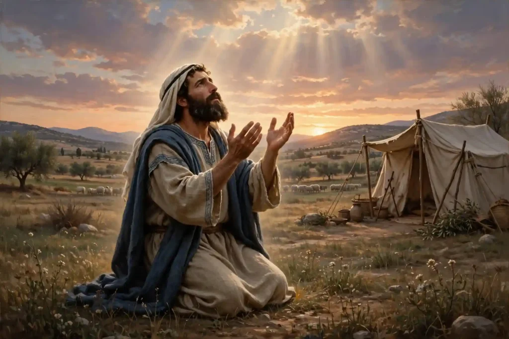 Isaac orando a Jehová en el campo por Rebeca que no podía tener hijos, según Génesis 25:21