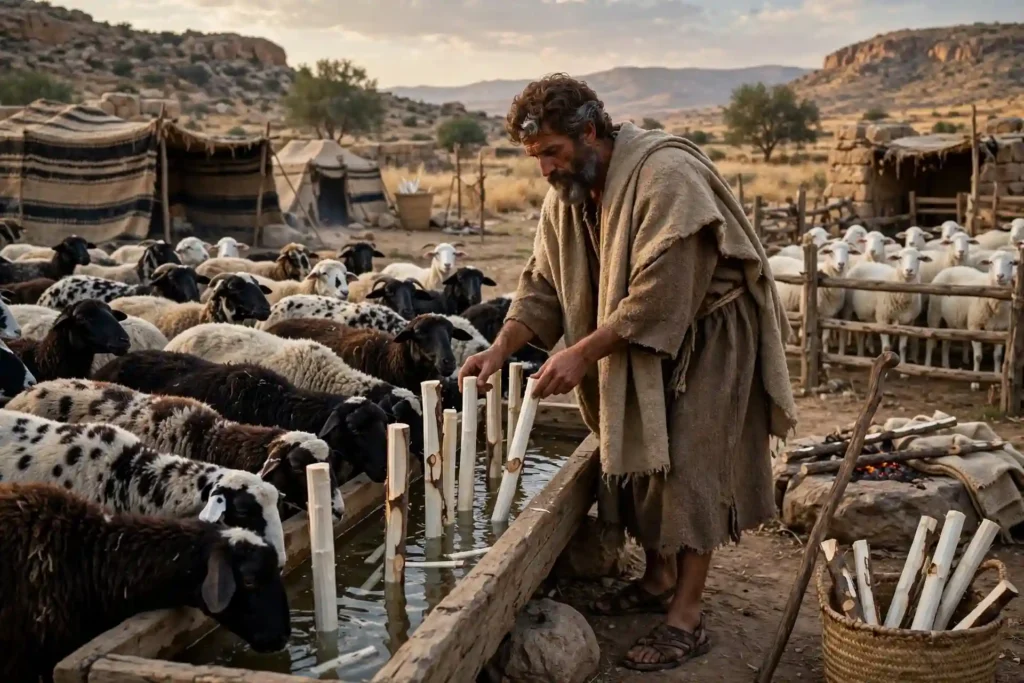 Jacob cuidando el rebaño de Labán durante 20 años bajo el sol y el frío, mientras Labán apartaba las ovejas manchadas y oscuras cambiando su salario