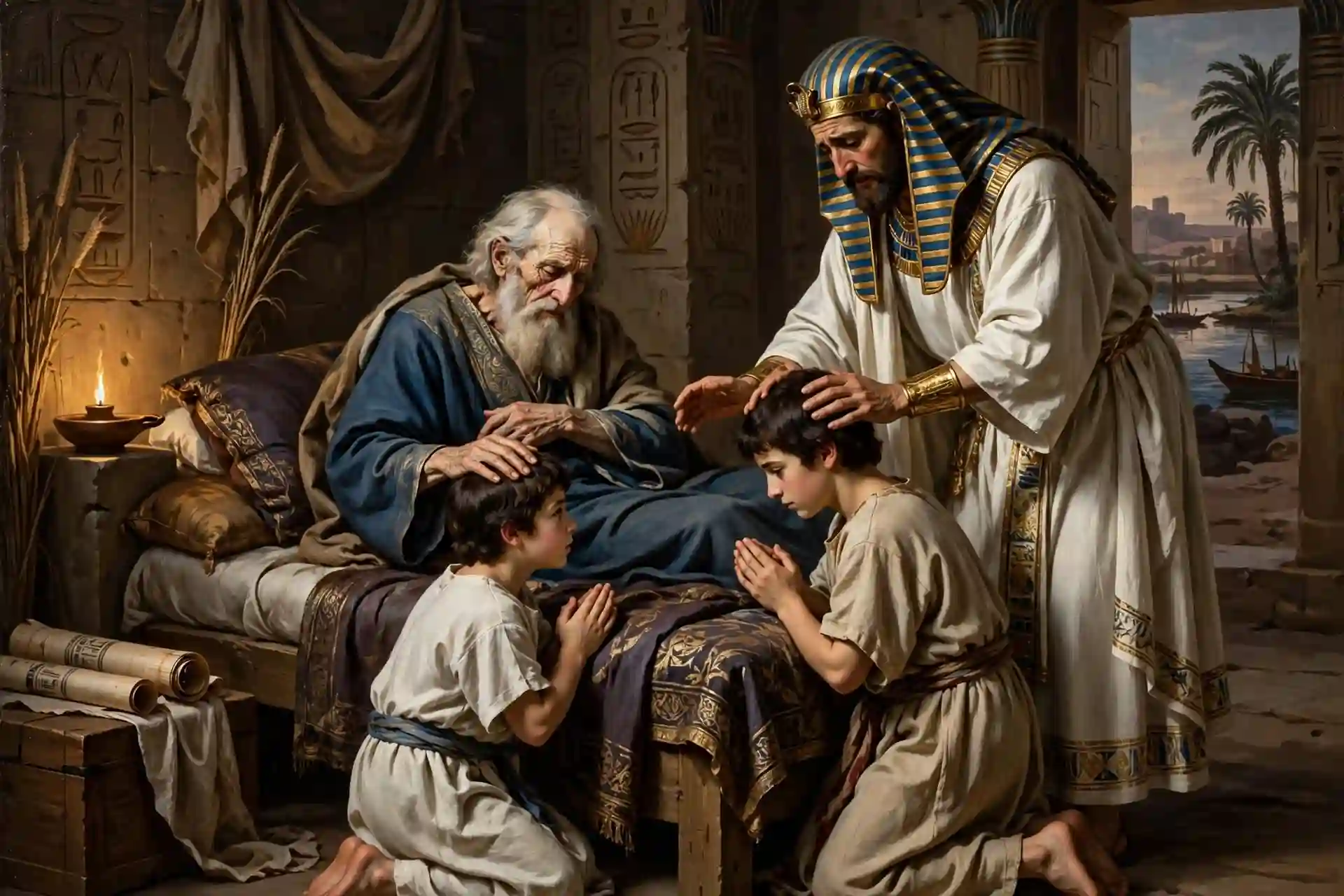 Jacob anciano bendiciendo a sus nietos Efraín y Manasés, hijos de José en Egipto, otorgándoles la doble porción de la herencia