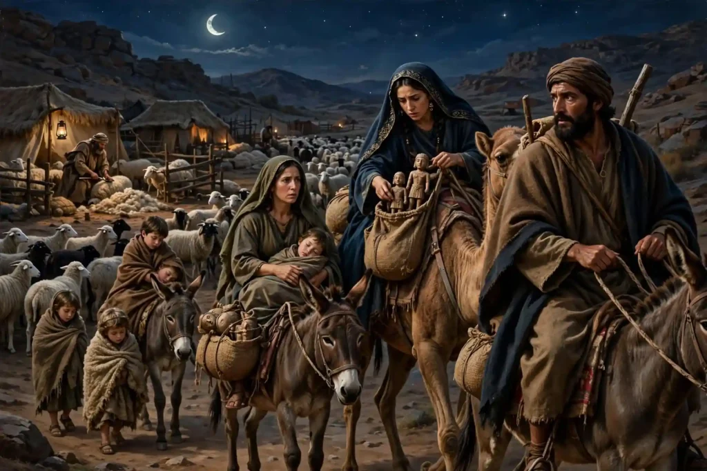 Jacob huyendo en secreto de Labán con su familia y rebaños mientras Raquel esconde los ídolos domésticos terafines de su padre