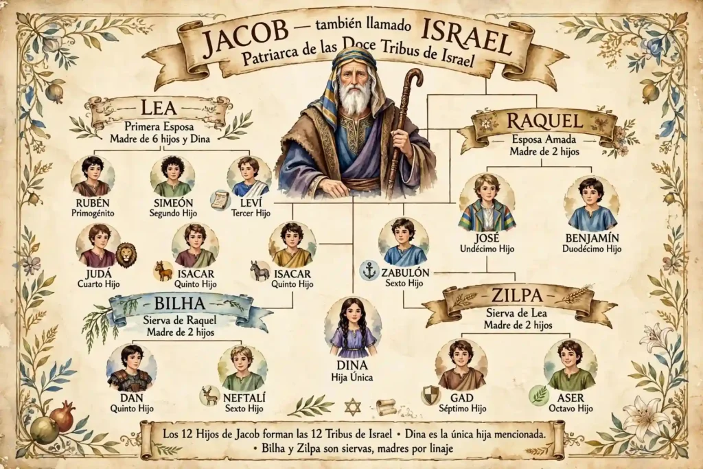 Árbol genealógico de Jacob llamado Israel con sus doce hijos varones y su hija Dina agrupados por sus madres Lea, Raquel, Bilha y Zilpa