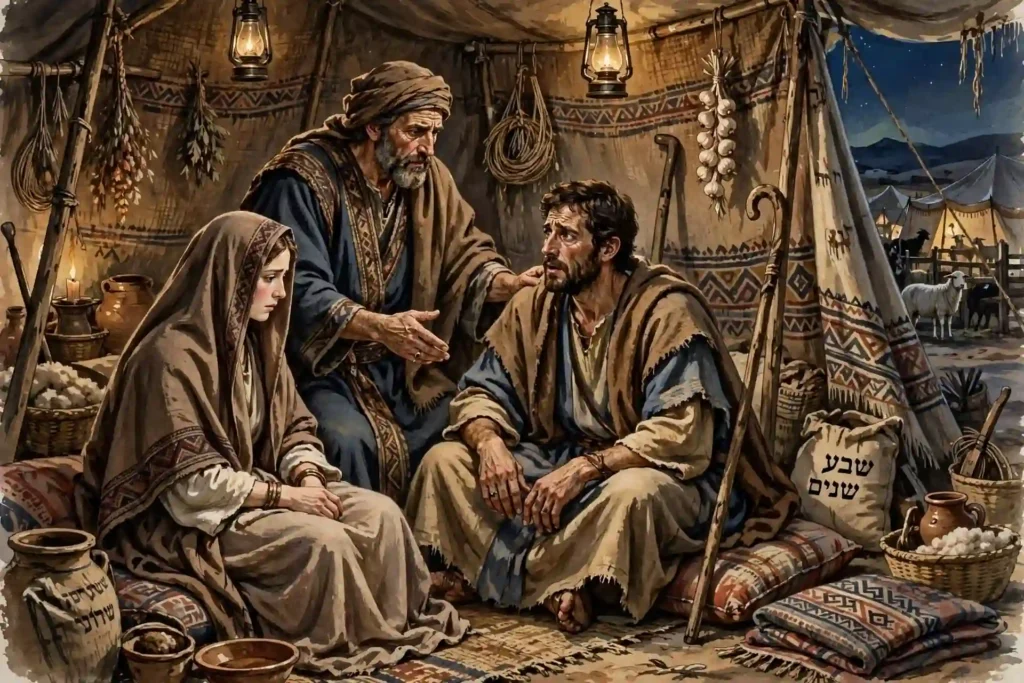 Labán explicando a Jacob el engaño de la boda con Lea en lugar de Raquel dentro de una tienda en Harán