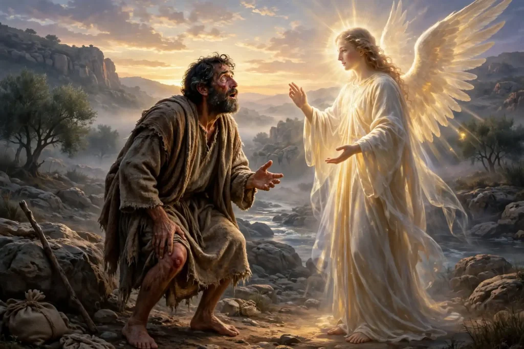 Jacob cojeando recibe la bendición y el nuevo nombre Israel del ángel al rayar el alba en Peniel
