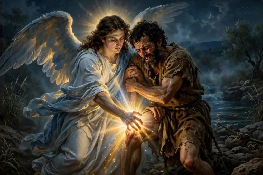 Jacob luchando con un varón celestial con alas luminosas junto al río Jaboc hasta el amanecer según Génesis 32:24