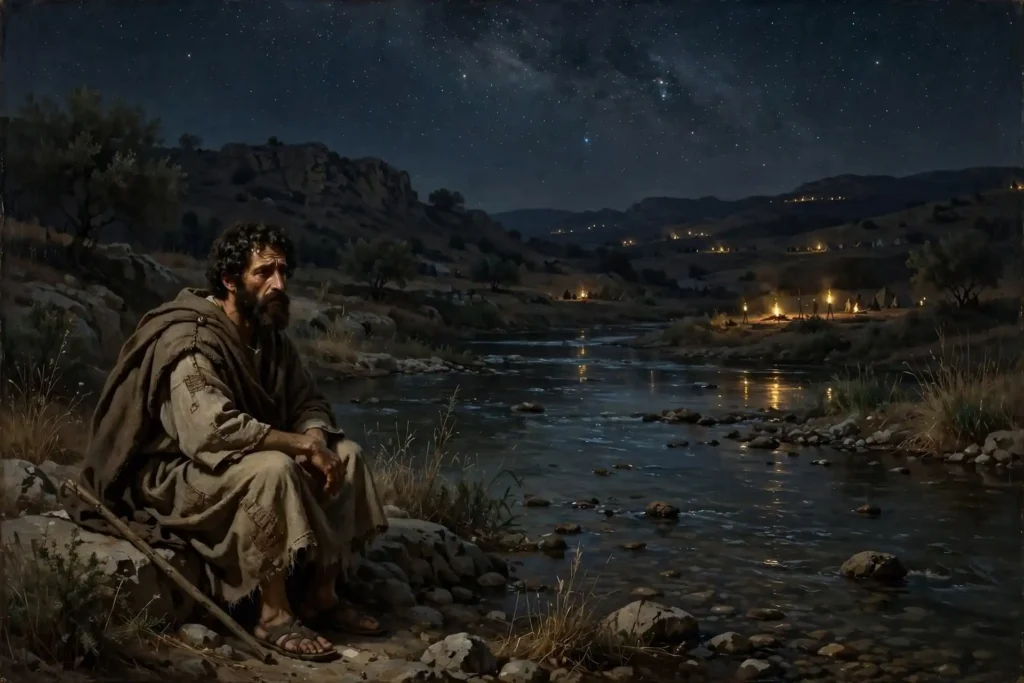 Jacob solo sentado junto al vado de Jaboc durante la noche, con el campamento iluminado al otro lado del río