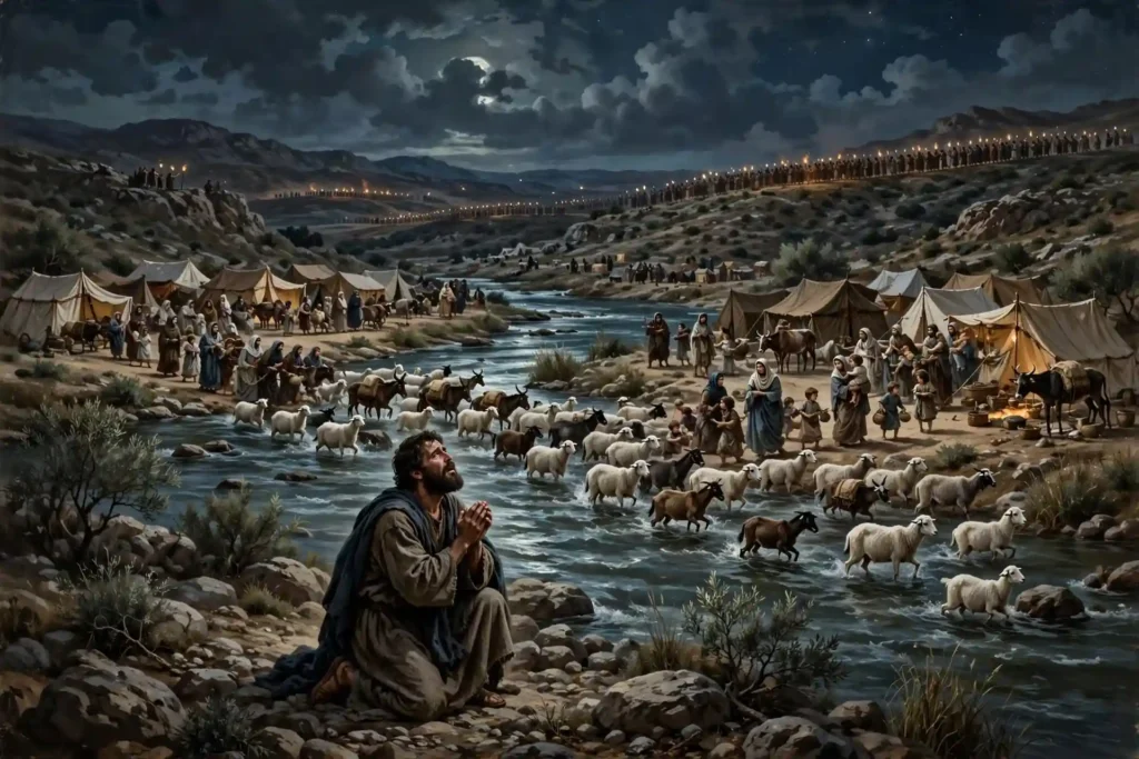 Jacob orando y organizando a su familia en dos campamentos antes de reencontrarse con su hermano Esaú y sus cuatrocientos hombres