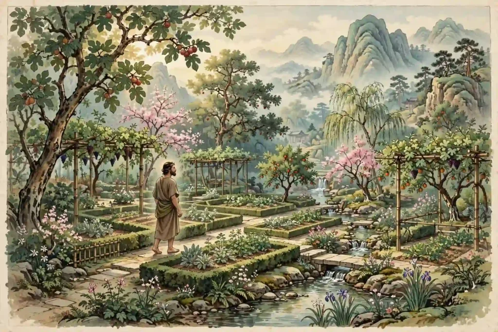 Vista panorámica del Jardín del Edén como un huerto cultivado y ordenado plantado por Dios al oriente, con árboles agradables a la vista