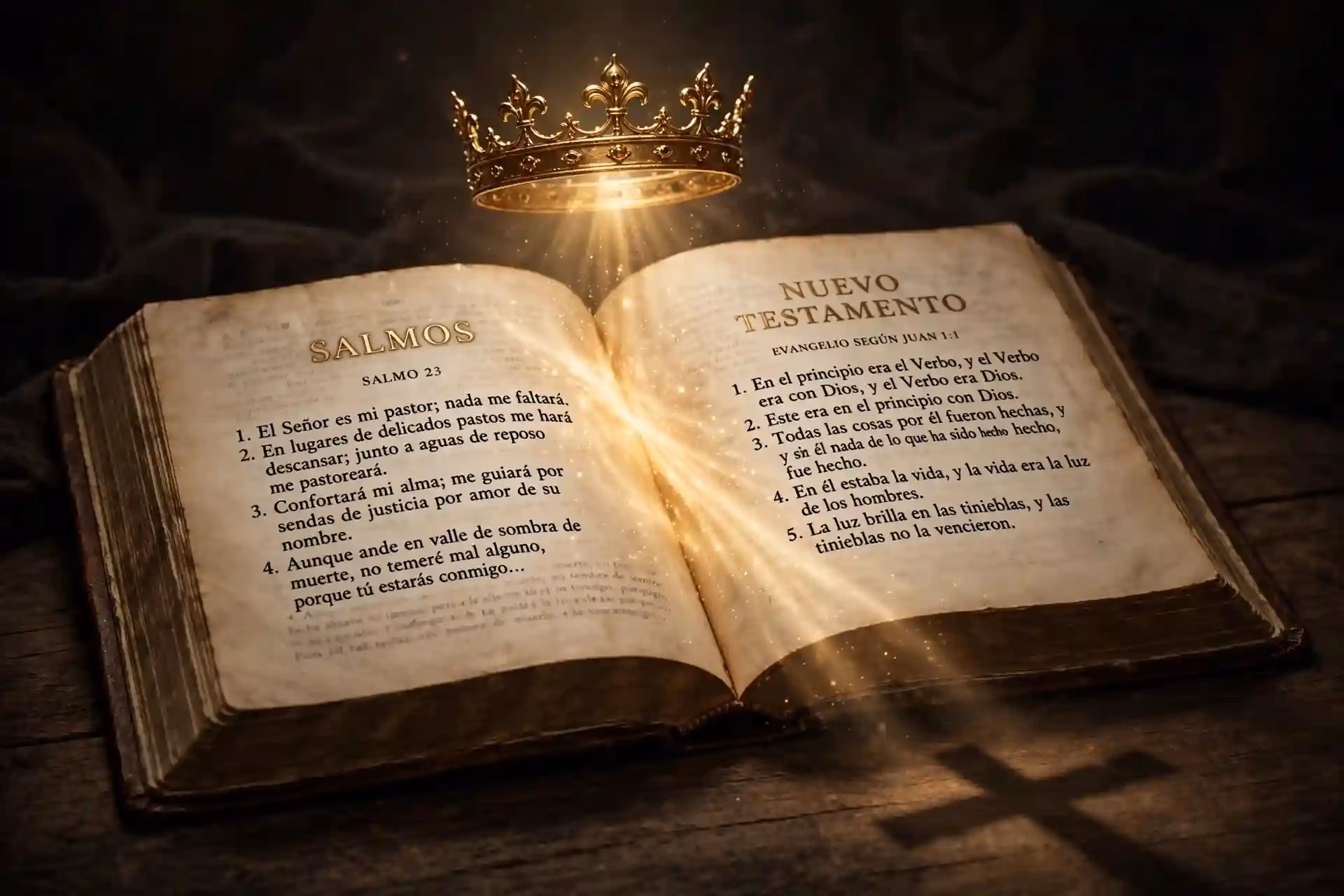 Biblia abierta en Salmos y Nuevo Testamento conectada por un haz de luz con una corona dorada flotando y sombra de cruz